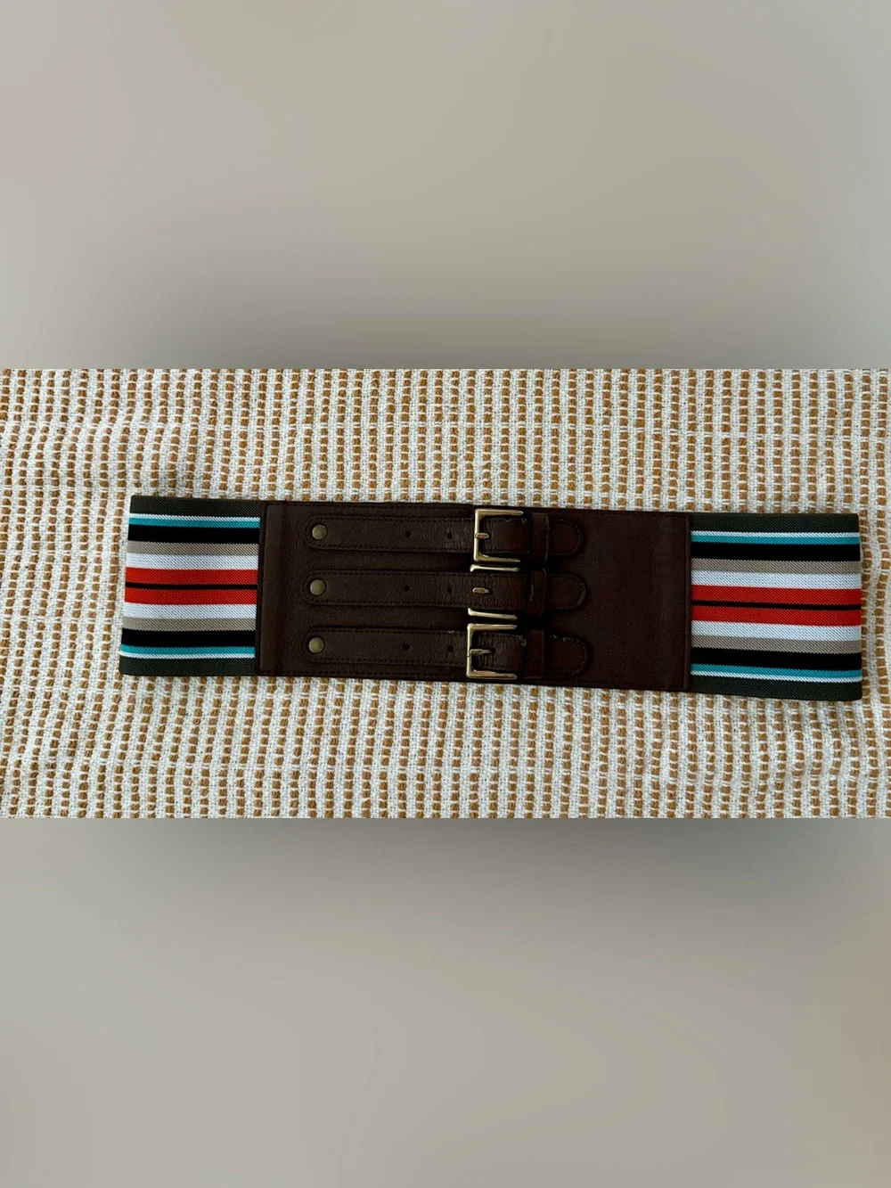 Vintage Striped Elastic Wide Waist Belt with Triple Buckle